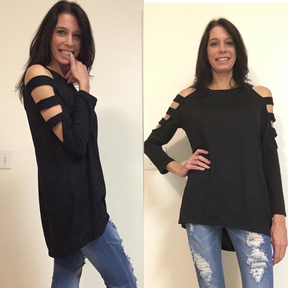 Tops - Last 1 Small Black Ladder Cut Sleeves Top